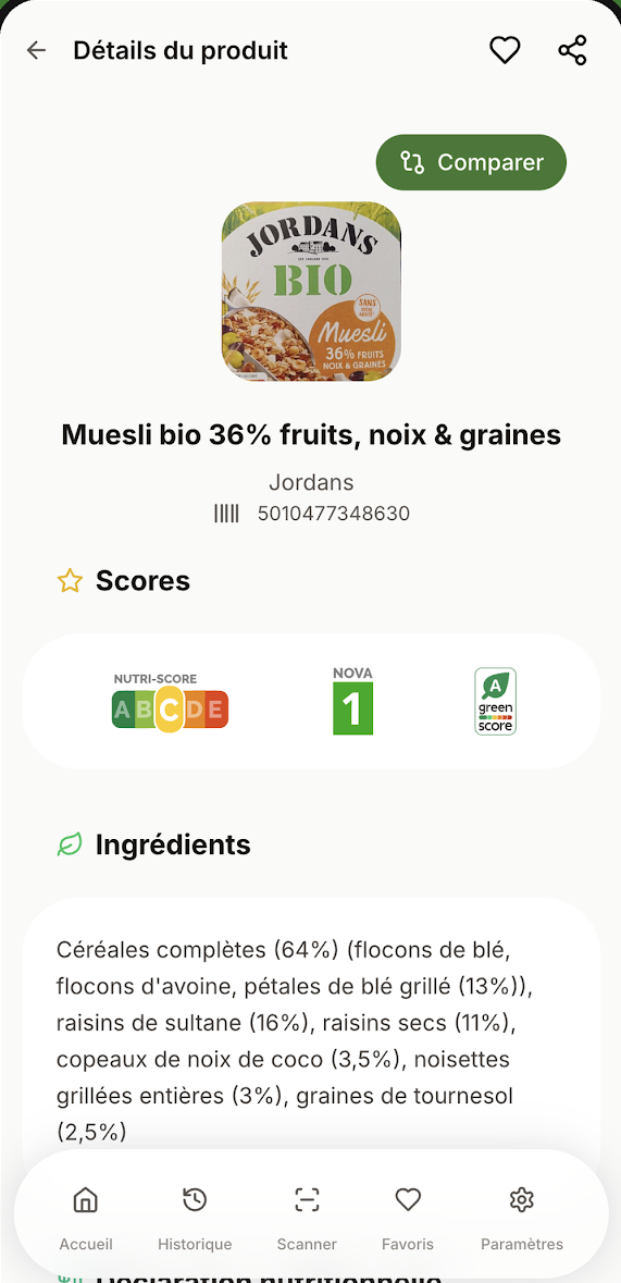 Historique des produits scannés dans l'app Batra