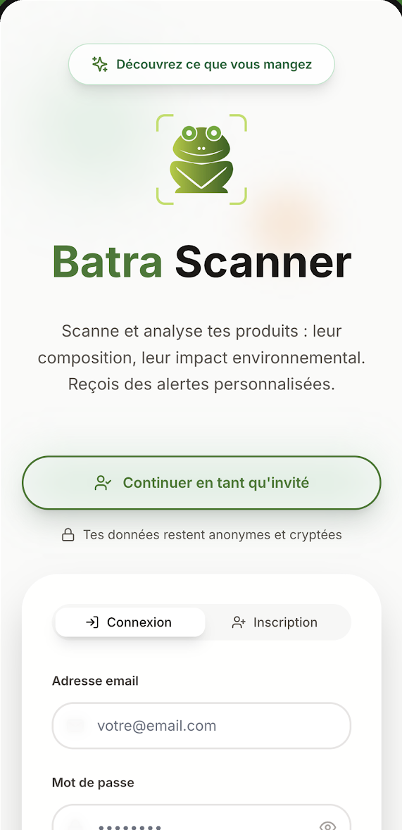 Écran du mode invité dans l'app Batra