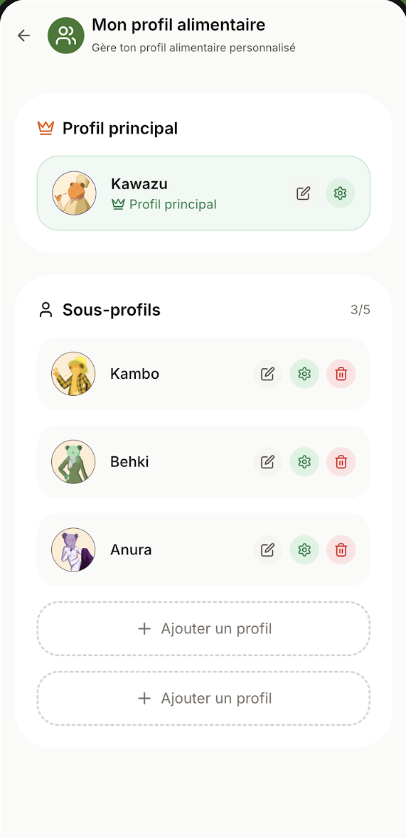 Écran de gestion des profils dans l'app Batra