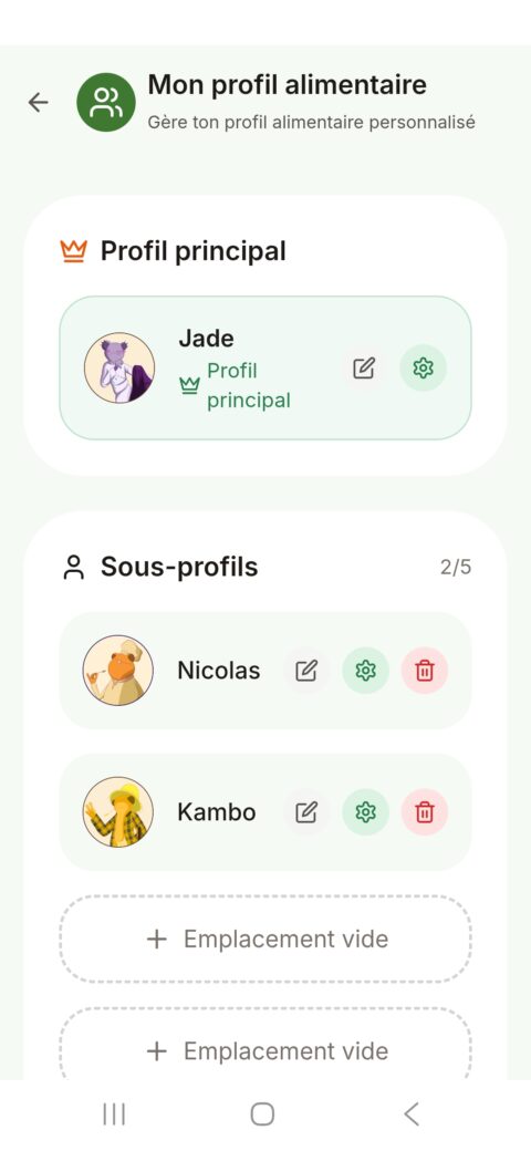 Écran BATRA pour gérer plusieurs profils