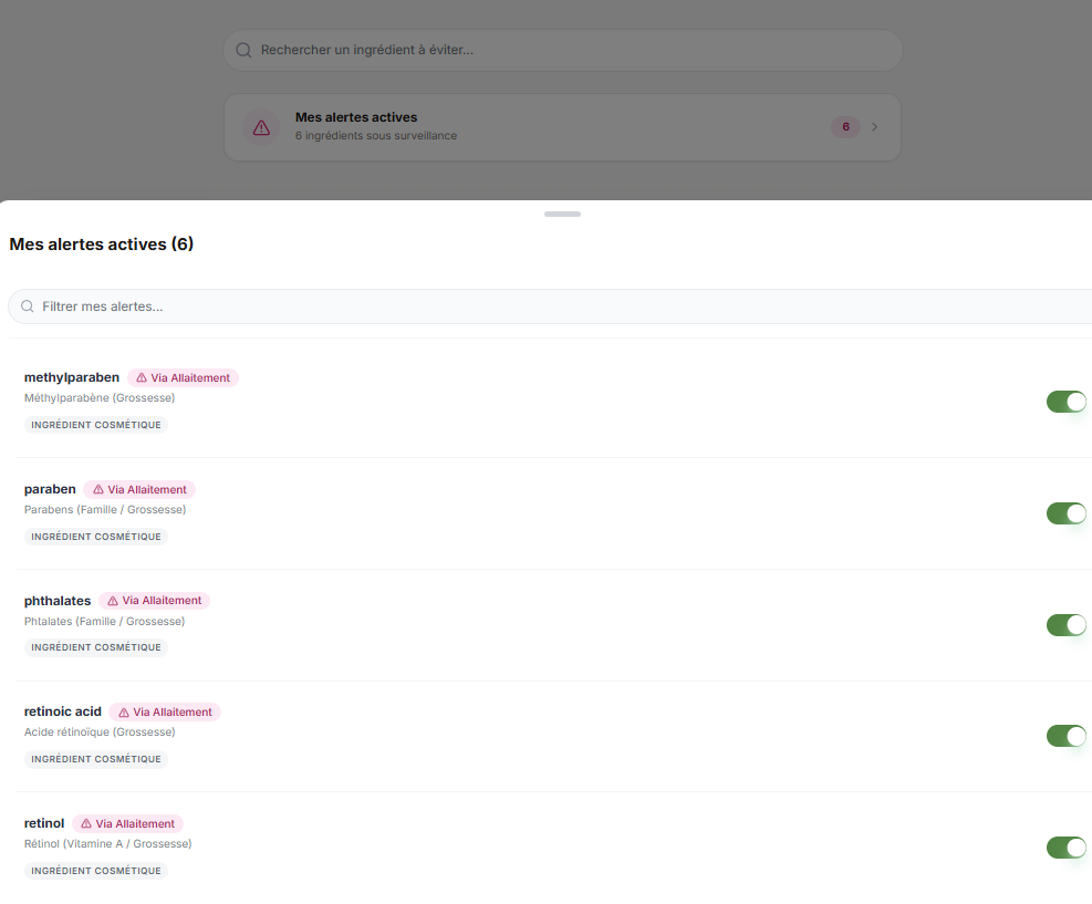 Écran BATRA listant les alertes actives d'un profil cosmétique