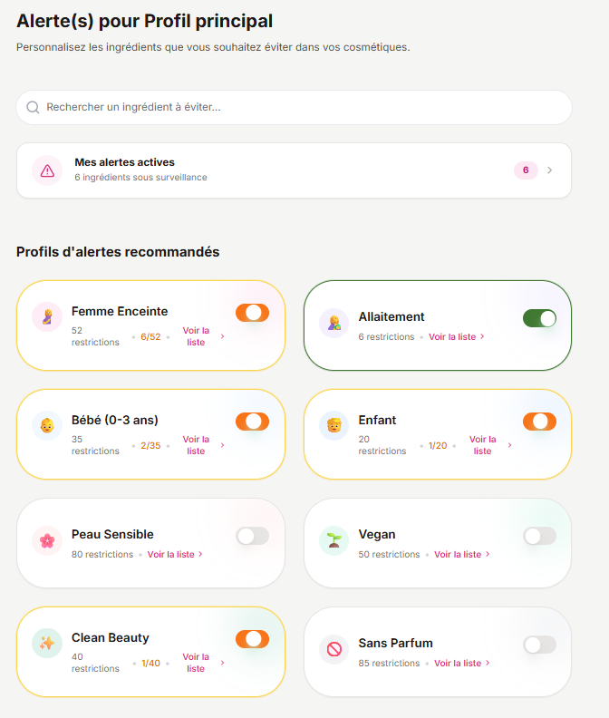 Écran BATRA avec recherche d'ingrédient, alertes actives et profils cosmétiques recommandés