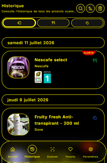 Historique des produits dans BATRA avec le mode contraste élevé noir et jaune