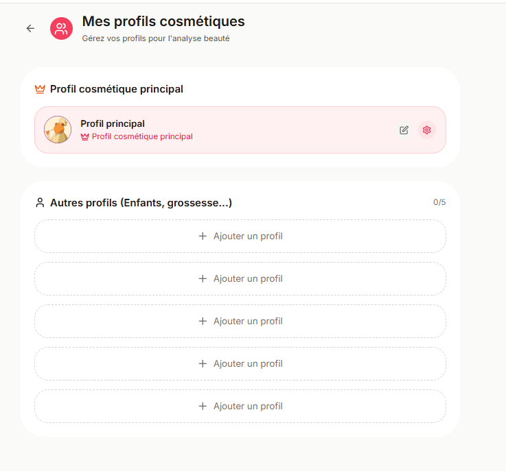 Écran BATRA de gestion de plusieurs profils cosmétiques